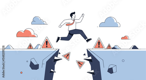 Businessman courageously jumps over a dangerous chasm full of sharp rocks and warning signs