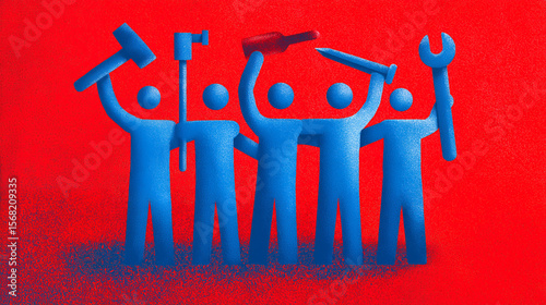 Blue figures holding tools against a red background in a stylized graphic illustration