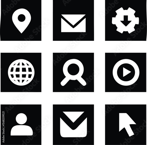 Email icons: A set of vector mail and email symbols for web, business, and communication design, featuring contact buttons and envelope illustrations