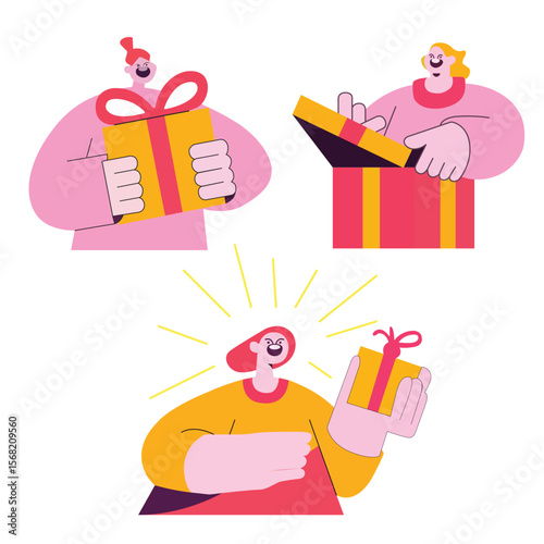 Collection of happy people opening gift boxes vector flat illustration. Scenes with a girl, wrapped holiday presents, unpacking festive gift boxes