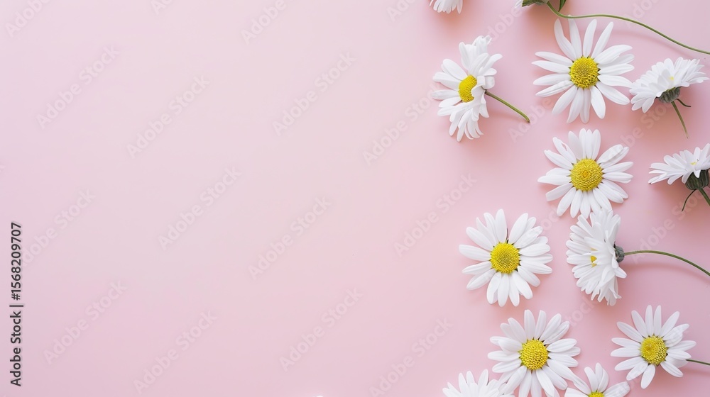 Fototapeta premium Minimalist White Daisy Chamomile on Pale Pink Background: Petal Contrast, Soft Aesthetic, and Floral Design Harmony