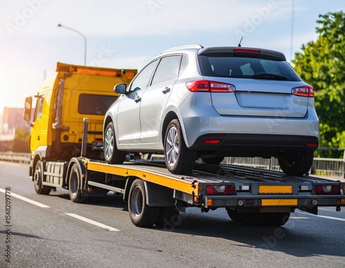 Tow truck carrying a car on highway