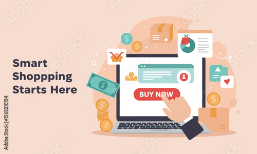 Vector of digital shopping experience with money, items, and devices, great for e-commerce promotions or fintech landing pages