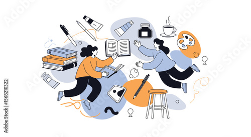 Two people collaborating on an art project surrounded by creative supplies and colorful abstract shapes