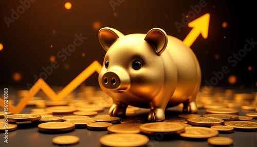 Golden Piggy Bank with Coins and Rising Graph for Financial Growth