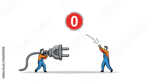 Two Workers Connecting Power Plug Electrical Socket Concept for System Startup Reboot Sequence