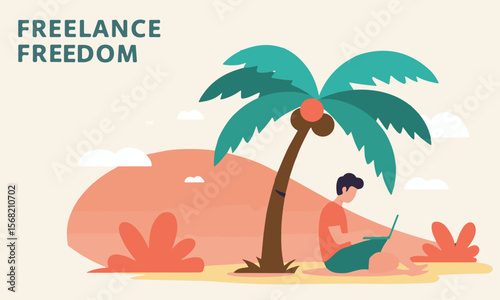 Digital nomad relaxing with laptop in a tropical landscape, suitable for blogs, ads, and websites promoting freedom in remote working