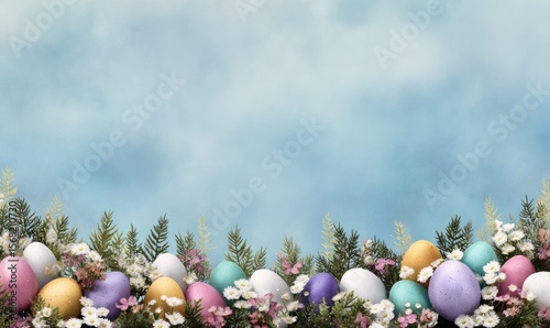 Pastel-colored Easter eggs arranged in a horizontal row against a soft, light blue background, edged with small white and pink flowers and fern-like greenery