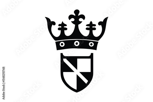 Elegant black heraldic crest featuring a royal crown above a shield with a cross and geometric divisions on a white background