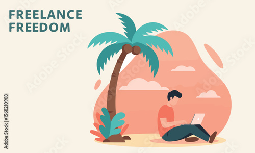 Vector of a person working remotely under palm trees, ideal for presentations, articles, or services related to freelancing and flexible careers