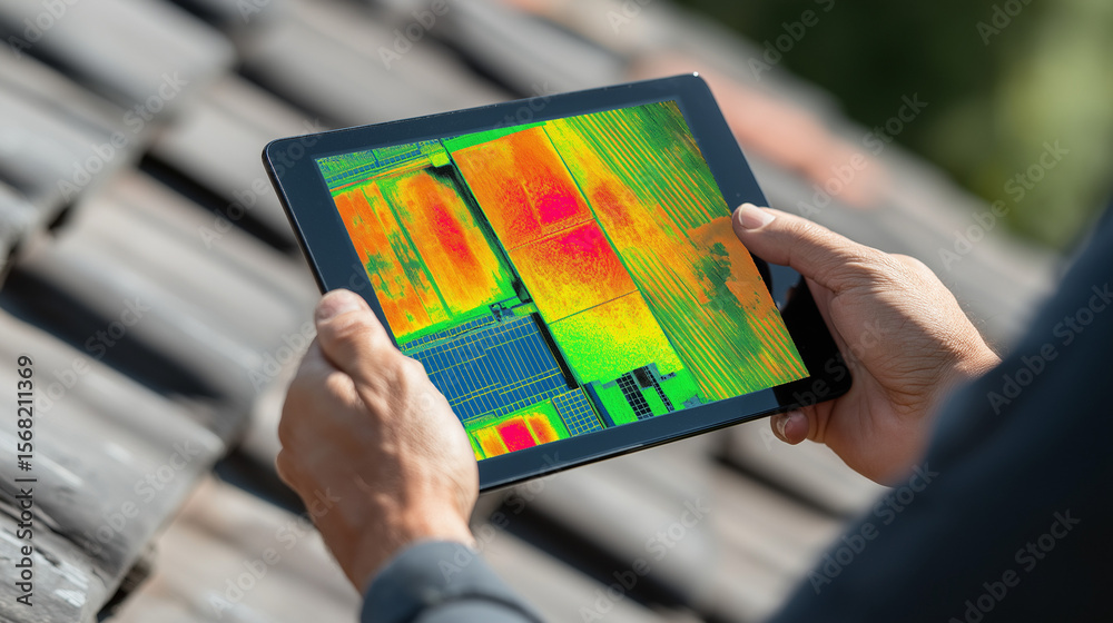 Naklejka premium Tablet zeigt Wärmebild bei Drohnenkontrolle einer Photovoltaikanlage. Künstliche Intelligenz KI