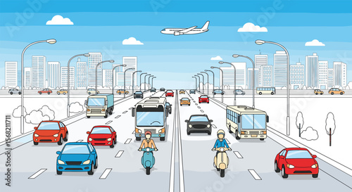 Busy Urban City Street Traffic Scene With Cars Buses Motorcycles And Buildings