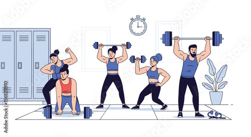 Diverse Group of People Engaging in Strength Training Exercises with Dumbbells and Barbells at the Gym PNG Transparent Background Isolated