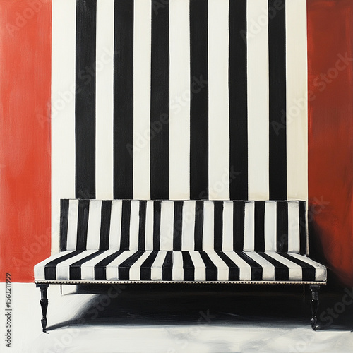 striking black and white striped sofa against bold red wall creates modern and stylish interior design. contrast adds dynamic touch to space, making it visually appealing