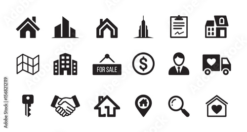 Collection of real estate and housing icons. Includes house, building, agent, map, key, and sale sign symbols in solid and outline vector style.