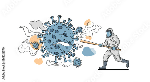 Man in protective suit fighting coronavirus with baseball bat conceptual illustration for virus protection health safety pandemic awareness
