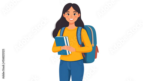 Smiling young woman with backpack holding books, ready for school or college.