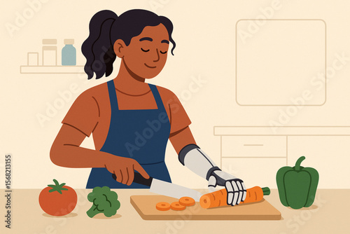 Vector illustration of confident young woman with arm prosthesis preparing vegetables in modern kitchen