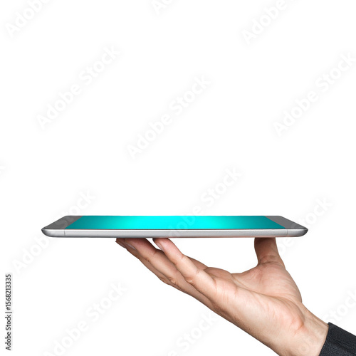 Hand holding tablet with turquoise screen on black background