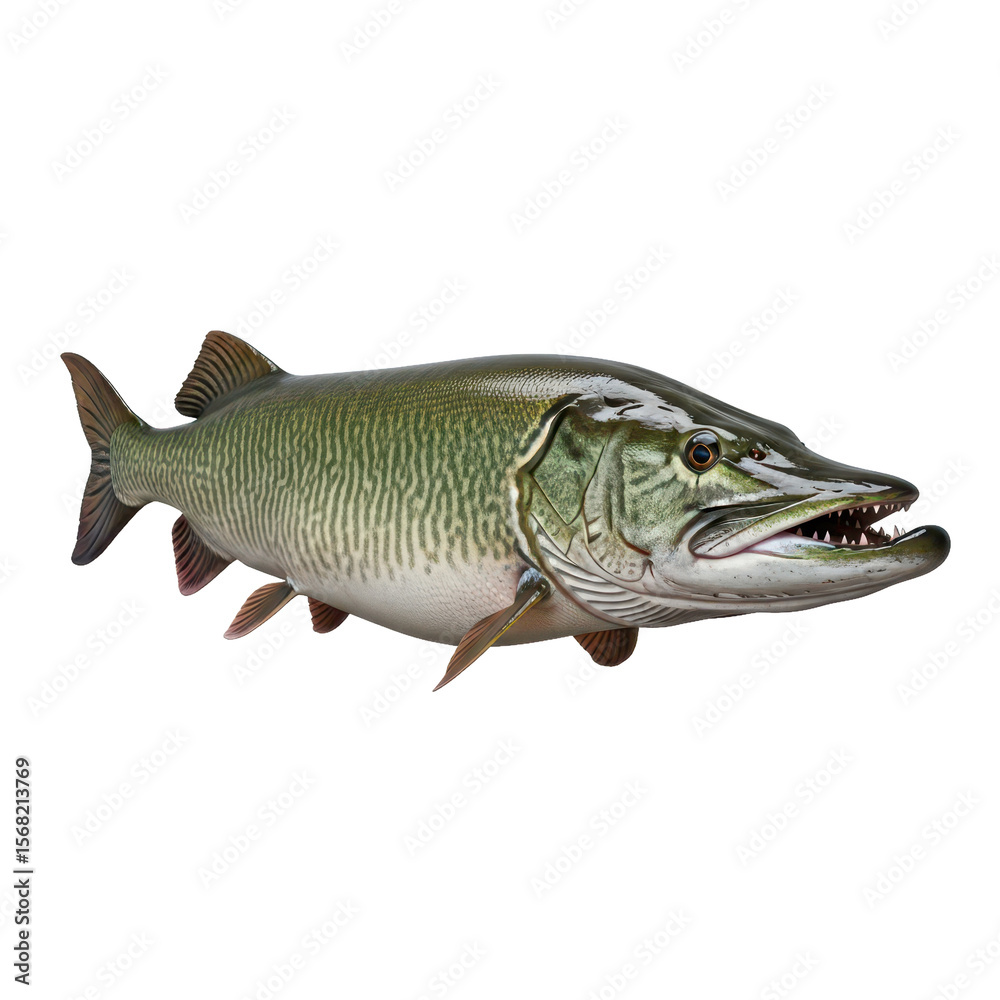 Naklejka premium Northern Pike – Aggressive Freshwater Predator with Long Body and Sharp Teeth