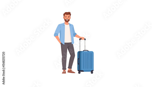 Smiling man with beard stands with a blue suitcase, ready for travel.