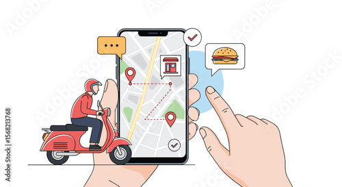 Food Delivery Service Mobile Application Navigation with Motorbike Rider and Burger Icon