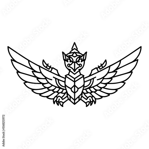 Stylized illustration of Garuda, the divine bird in Hindu mythology, with spread wings and a detailed body