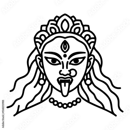 Illustration of Goddess Kali, fierce Hindu deity, with a protruding tongue and intricate headdress.