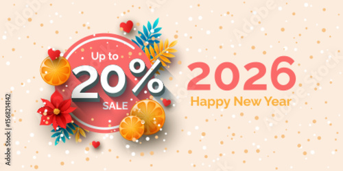 Up to 20 percent sale banner template design. Vector Happy New Year 2026 holiday discount illustration