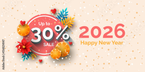 Up to 30 percent sale banner template design. Vector Happy New Year 2026 holiday discount illustration