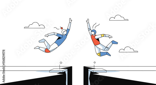 Two Divers Leap From Platforms Engaging In Synchronized Skydiving With Cloud Filled Sky Above