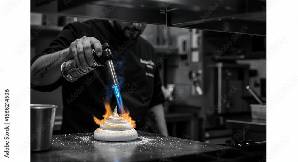 Fototapeta premium Chef using a blowtorch to caramelize dessert in a professional kitchen