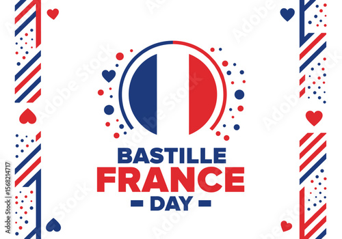 Celebrate Bastille Day with this festive design featuring the French flag, hearts, and diagonal stripes, perfect for social media, cards, or banners.