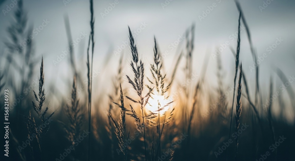 Fototapeta premium Tall grass stalks at sunset golden hour nature