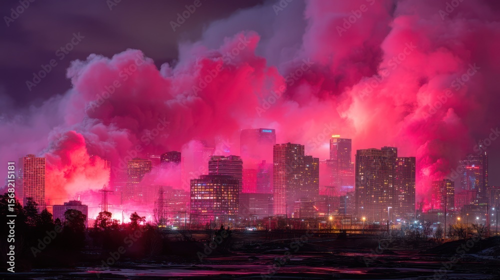 Obraz premium Pink smoke engulfs city skyline at night