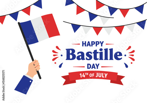 A festive illustration celebrates Bastille Day with a hand holding the French flag, adorned with celebratory banners and text, perfect for holiday greetings.