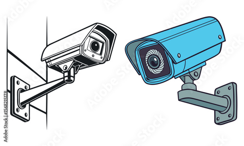 Two surveillance cameras one line art and one color mounted on a white background isolated on white background