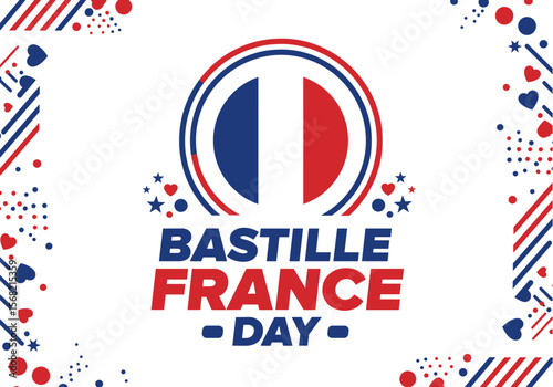 Celebrate Bastille Day in France with a festive design featuring the French flag colors, hearts, stars, and confetti, creating a vibrant and patriotic atmosphere.