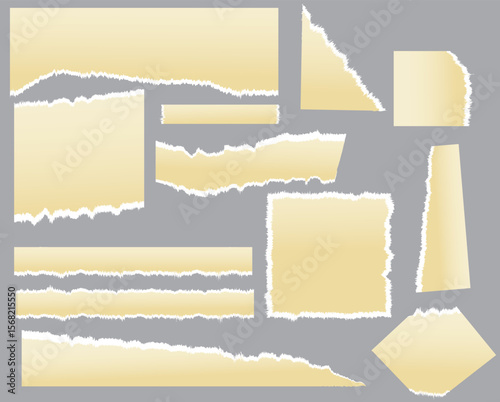 Collection of retro torn paper strip, ripped notebook page, newspaper cut piece, sticky note sheet, text message banner background and scrap wrinkled sticker with grunge texture, rip edge and shadow.