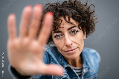 Confident woman in denim jacket looking directly at camera with hand raised in stop gesture against gray background
