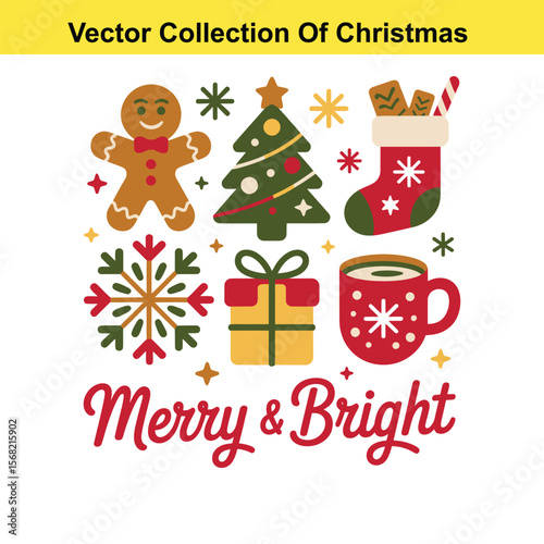 Vector art of a merry and bright christmas collection with gingerbread, tree, and stocking isolated on white background