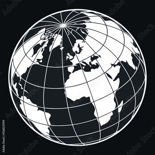 Stylized globe with continents and meridians isolated on dark background