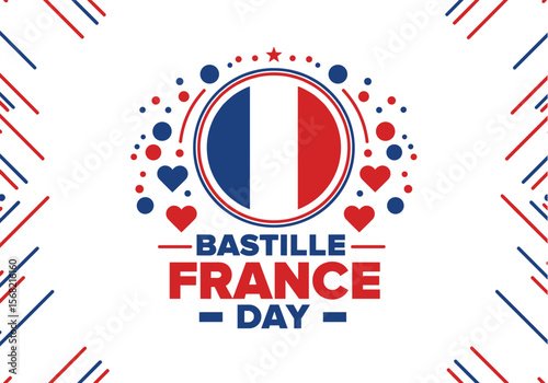 Celebrate Bastille Day with this vibrant French flag graphic, featuring red and blue hearts, confetti, and stars on a white background.