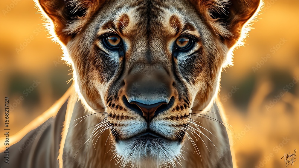 Fototapeta premium A lioness staring intently, capturing the raw beauty and intensity of wildlife in its natural habitat.