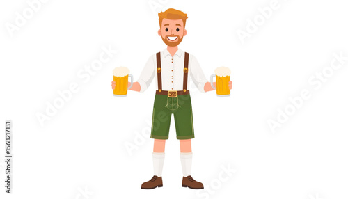 Smiling man in traditional Bavarian lederhosen holds two beer steins.