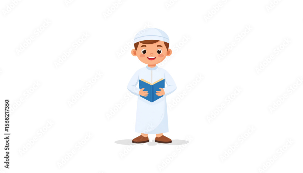 Cartoon illustration of a young boy wearing traditional Islamic clothing and holding a book. Cartoon illustration of a young boy wearing traditional Islamic clothing and holding a book.