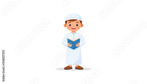 Cartoon illustration of a young boy wearing traditional Islamic clothing and holding a book.