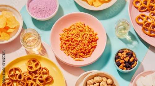Colorful assortment of snacks and drinks on vibrant tabletop  