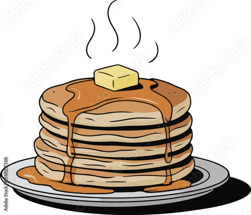 Delicious stack of golden brown pancakes with syrup drizzle