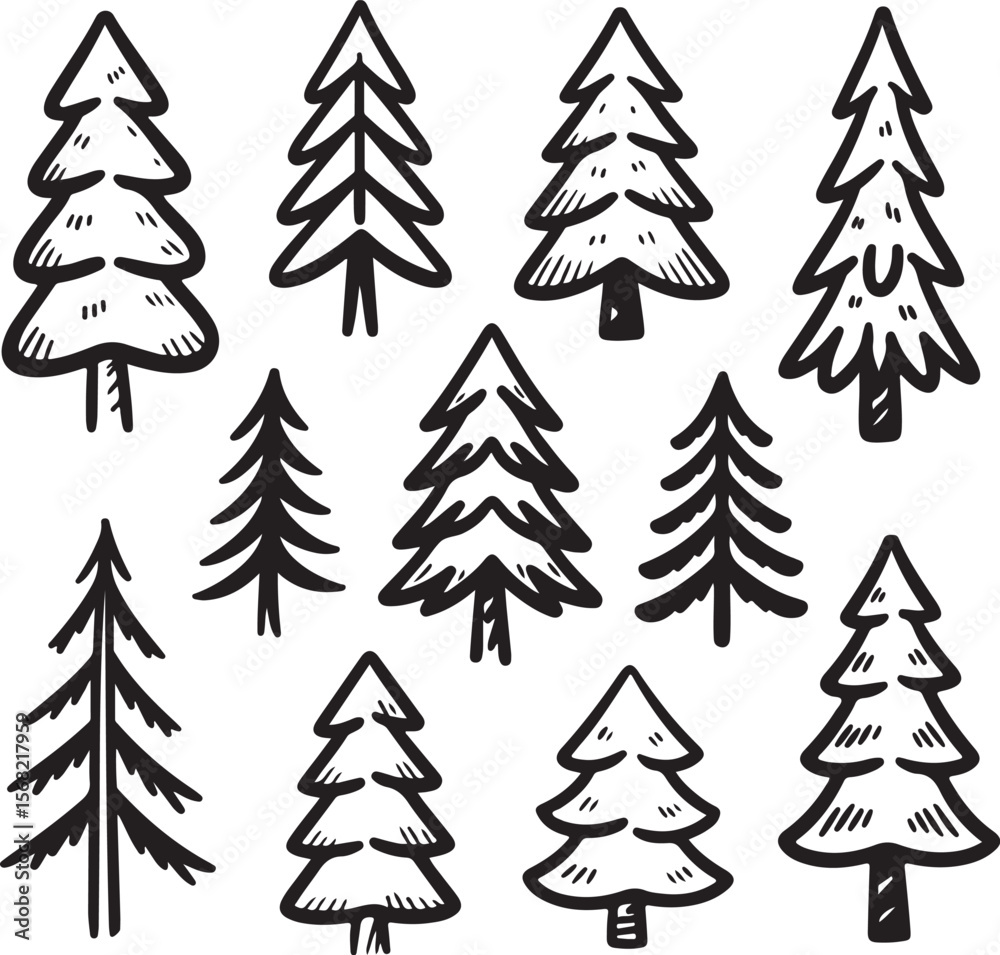 Obraz premium Hand Drawn Fir Tree Doodle Vector Set with Varied Pine Shapes and Forest Elements on White Background